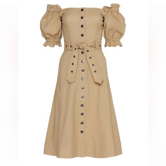 Marissa Webb A Line Shirt Dress Tan Button Up Off Shoulder Belted Puff Sleeves - Picture 3 of 7